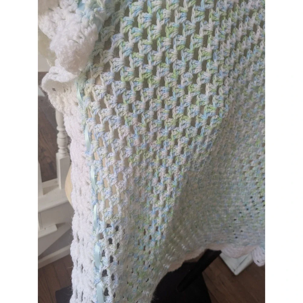 Crochet Knit Baby Blanket Blue Green‎ White Handmade Stroller Blanket Gift